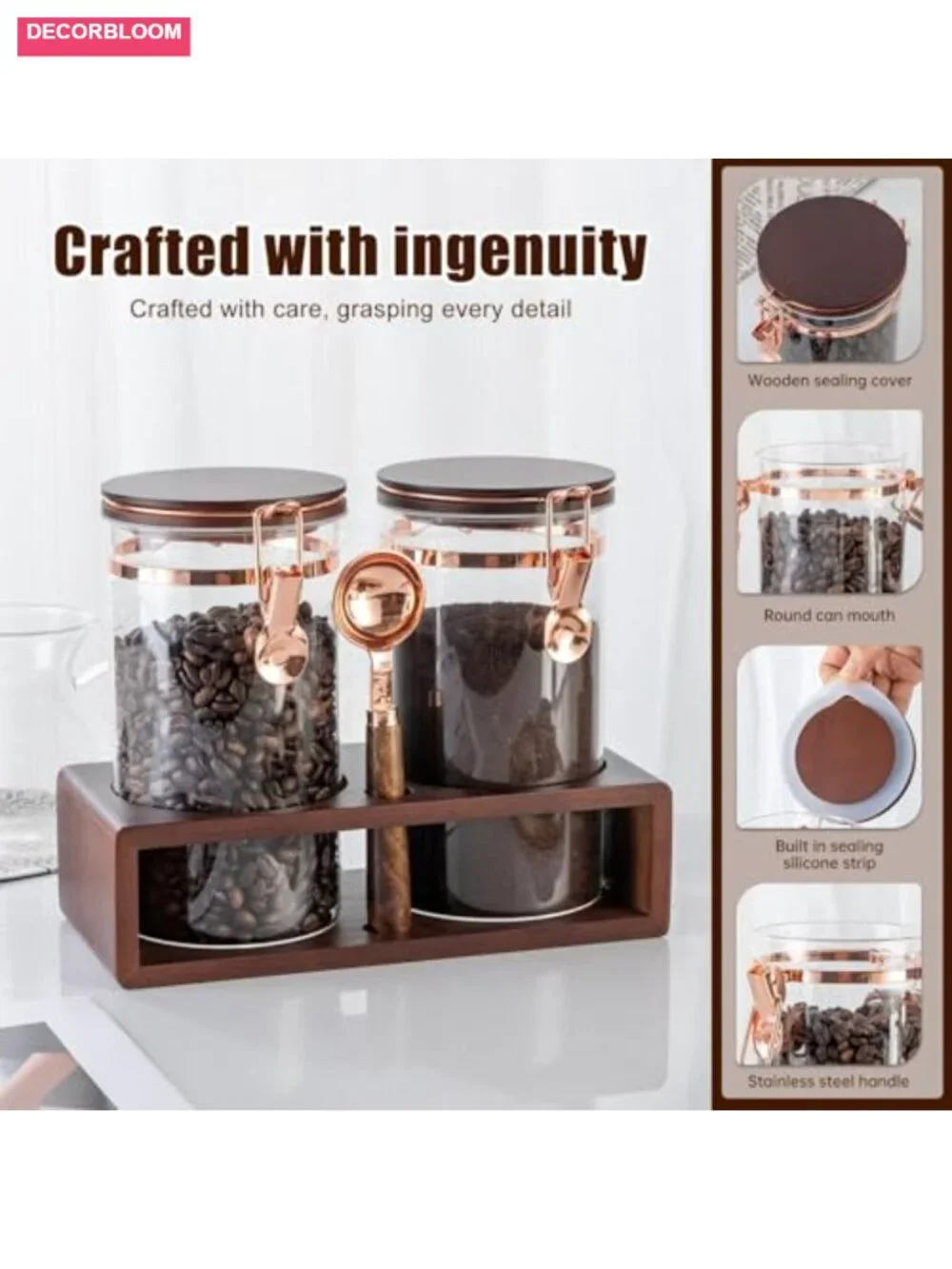 Glass Coffee Container with Wooden Shelf, 2x40 oz, Airtight Food Storage Jar